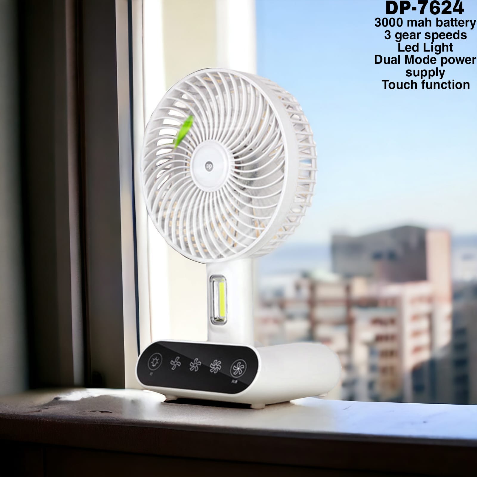 Rechargeable TableTouch Fan With Lamp USB Charging Portable Handheld 3 Gear Speed Desktop Mini Fan (DP 7624 )-000081